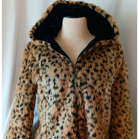 Baluoke Women's Faux Leopard Fur Coat with Hood & Pockets Size Small - Picture 1 of 9